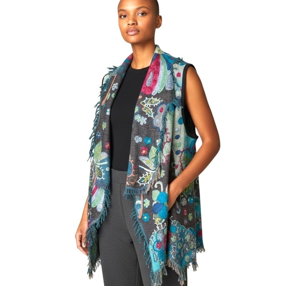 ANU by Anu Lifestyle Womens Medium 100% Wool Embroidered Boho Fringe Vest Art